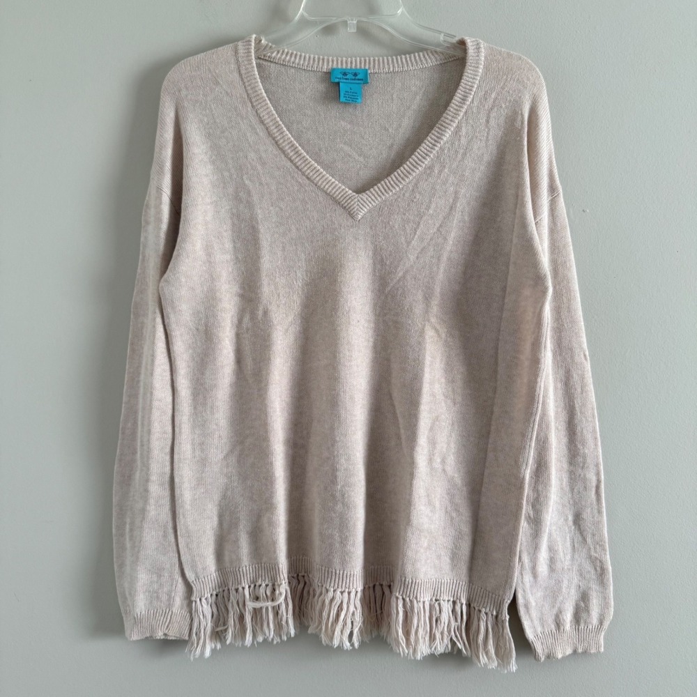 Two Bees Cashmere Womens Beige V-Neck Fringe Boho Pullover Sweater Large